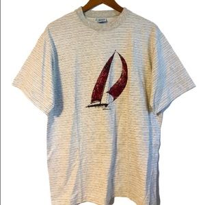 Vintage 90s Sailboat Boat Gray Striped USA T Shirt